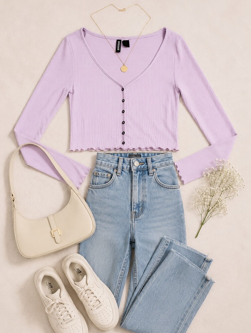 Divided Lilac Ribbed V-Neck Long Sleeve Button Crop - Picture 5 of 7